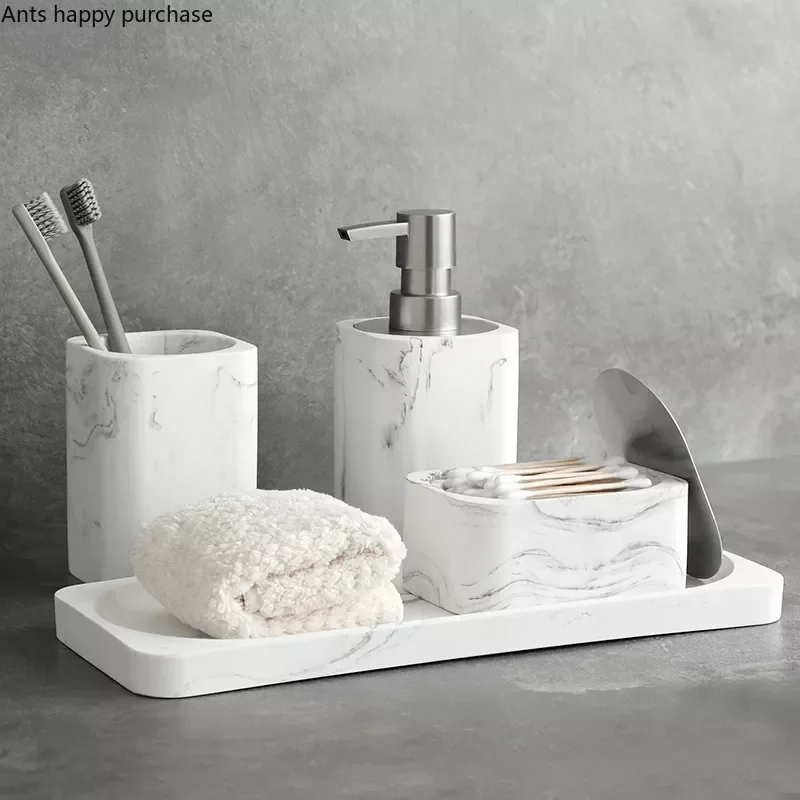 

Bathroom Four Piece Set Resin Marble Bathroom Set Wash Sets Lotion Bottle Mouthwash Cup Cotton Swab Box Tray Soap Dispenser