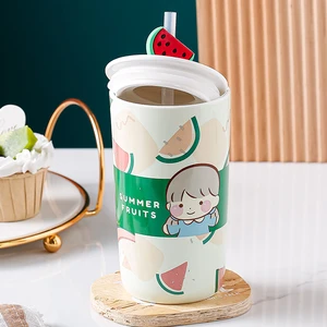 High Face Value Cute Cartoon Strawberry Orange Watermelon Peach Straw Cup Large Capacity Drinking Mug