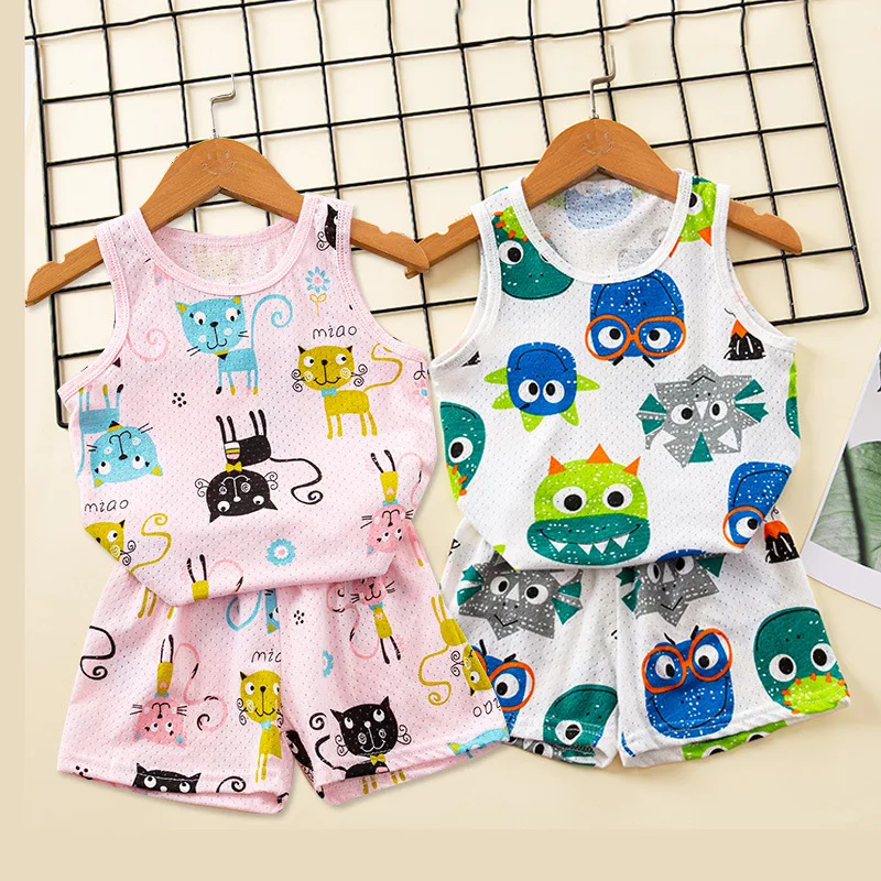 

Summer Children's Sleepwear Pijamas Breathable Cotton Vest Suit Mesh Breathable Vest Shorts Suit Cool Comfortable Thin Section