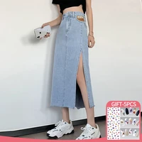 korean fashion spring womens denim skirt solid color causal high waisted pencil jeans long skirt with side slit woman clothes