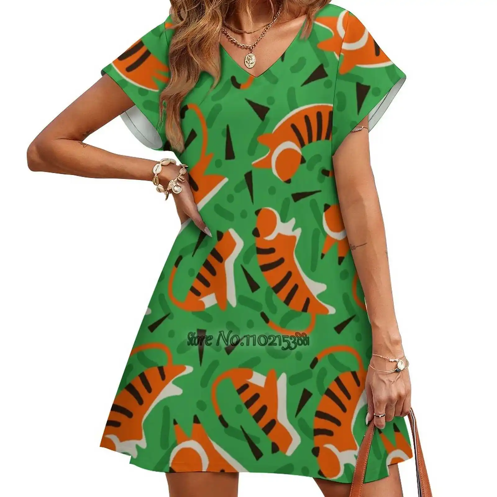 

Tiger Jungle Loose V-Neck Skirt Sexy Short Sleeve Skirt Loose A-Line Dress Light And Breathable Dress Tiger Jungle Pattern Cat