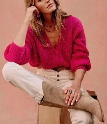 

Women Wool Blend Mohair Single Breasted Knit Sweater V-neck Loose Cardigan