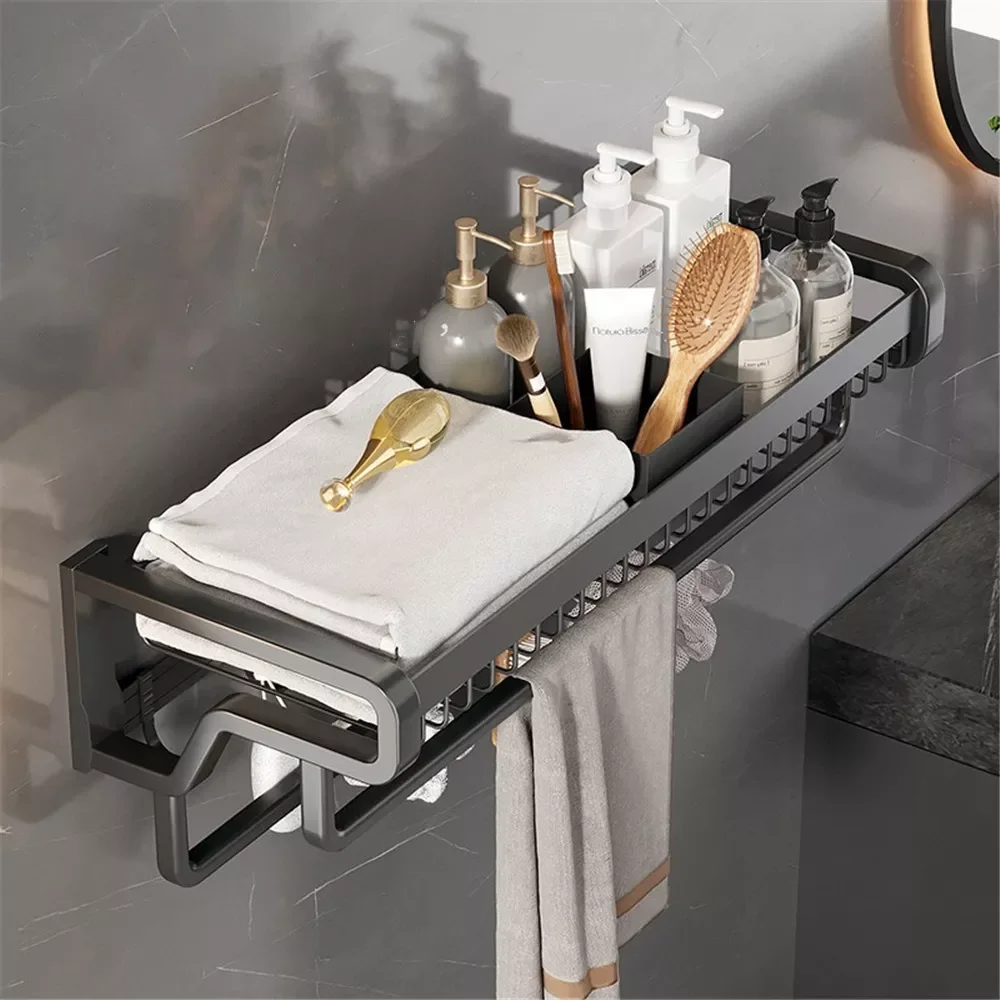 

NEW Towel Rack Foldable Towel Bar No Drill Bathroom Storage Shelf Space Aluminum Laundry Room Drying Rack Toilet Organizer