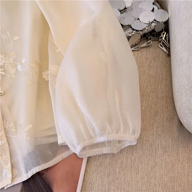 Новая рубашка с длинными рукавами и вышивкой в китайском стиле женский свободный