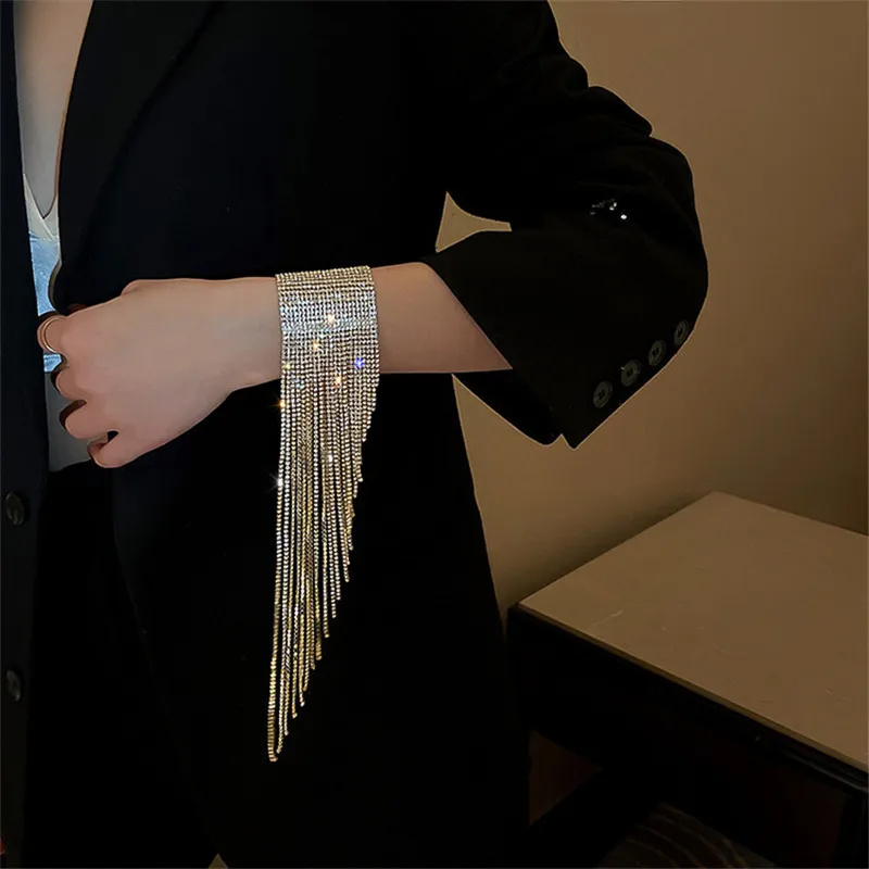 

New Korean Fashion Full Rhinestone Bracelet For Women 2022 Dazzle Long Tassel Crystal Bracelets & Bangles Party Jewelry Gifts
