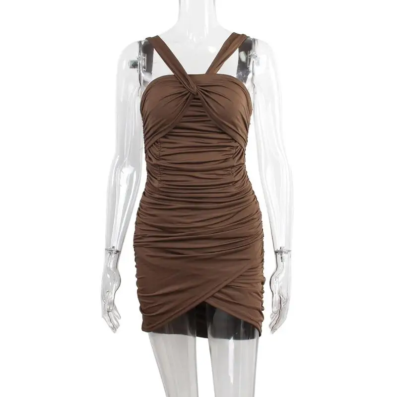 

Summer Sexy Cross Twist Strap Backless Pleated Wrap Hip Skirt 2023 Fashion New Women Solid Color Party Dress Female Elegant Wear