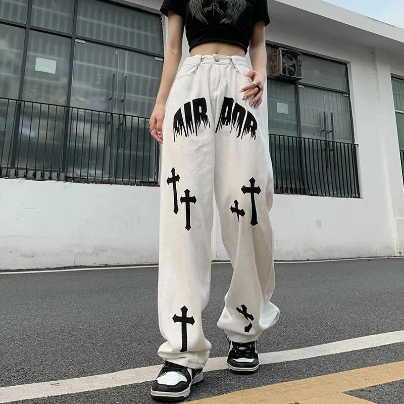 Autumn Winter New Print Jeans Boy Girl Loose Straight Wide Leg Pants Streetwear Trend White Simple Trousers Slouchy Jeans Unisex