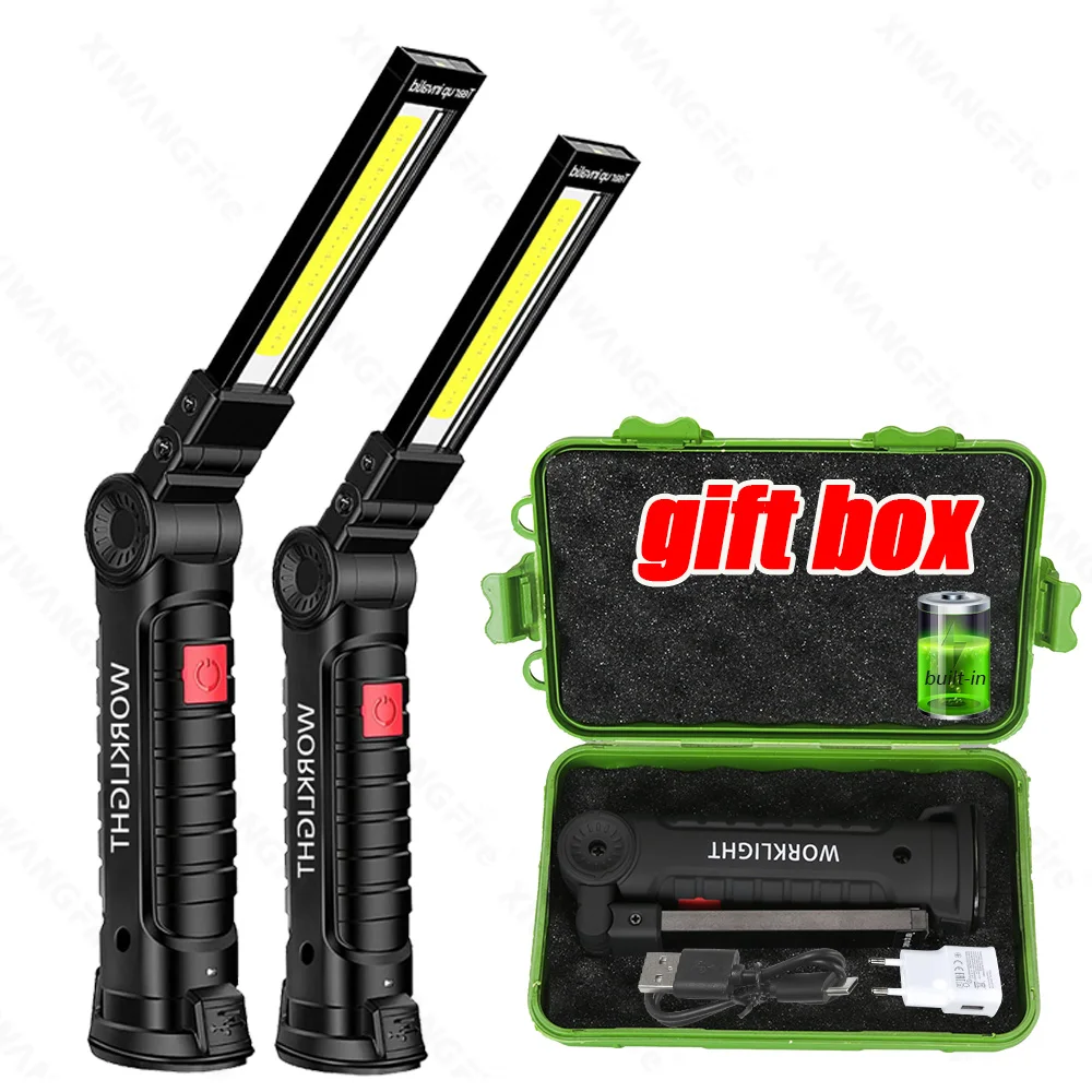 COB LED Handheld Work Light USB Rechargeable Dimmable Flashlight Built-in 18650/14500 Battery Inspection Lamp with Magnet & Hook