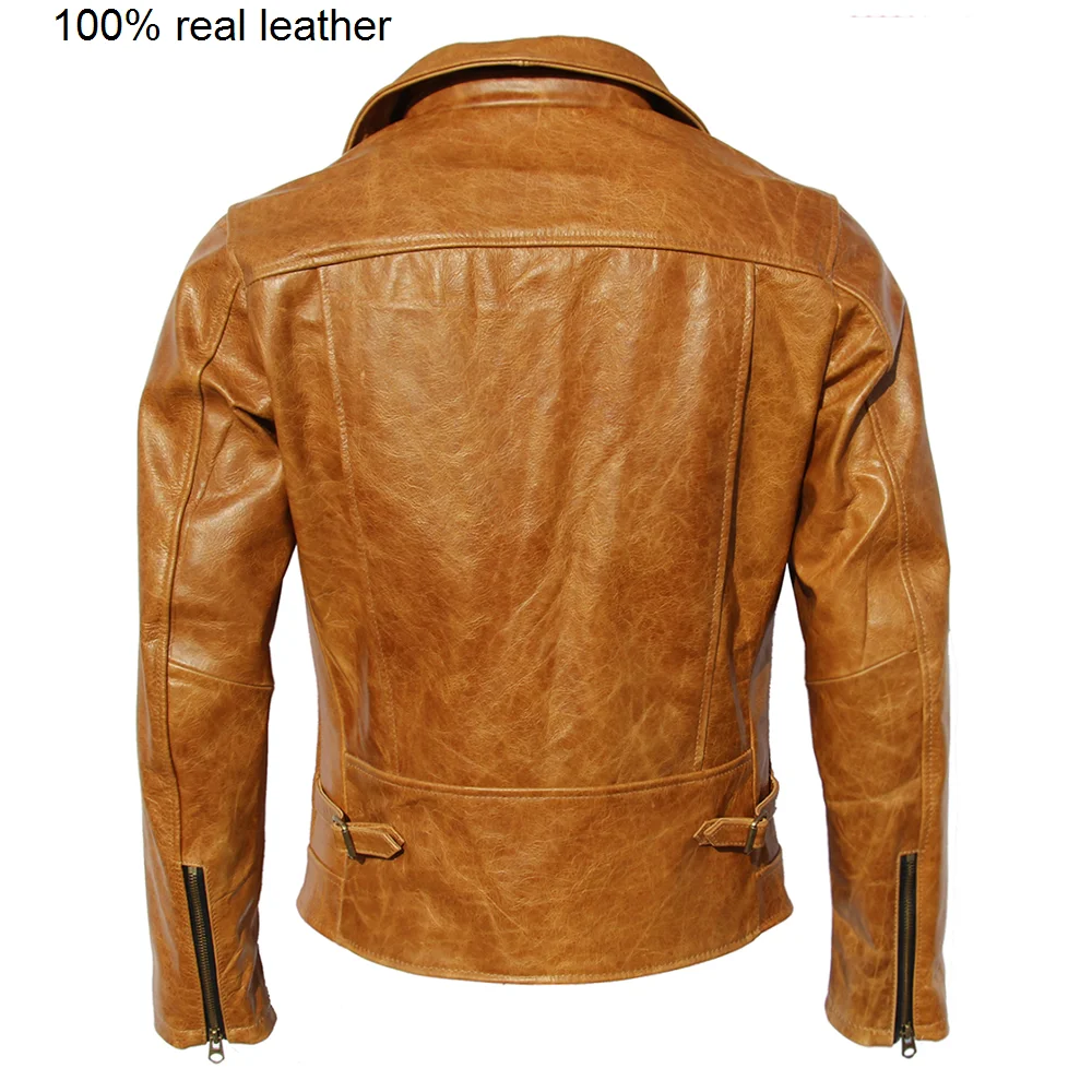 

Natural Oil Waxed Cow Leather Jacket For Men Biker Clothes Yellow Brown Burgundy Soft Genuine Sheepskin Coat Spring Autumn M003