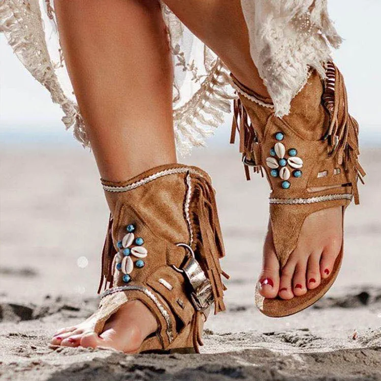 Retro Women Fringe Flower Wedges Shoes 2022 Solid Flock Beach Casual Sandals Women Summer Flip Flop Sandals