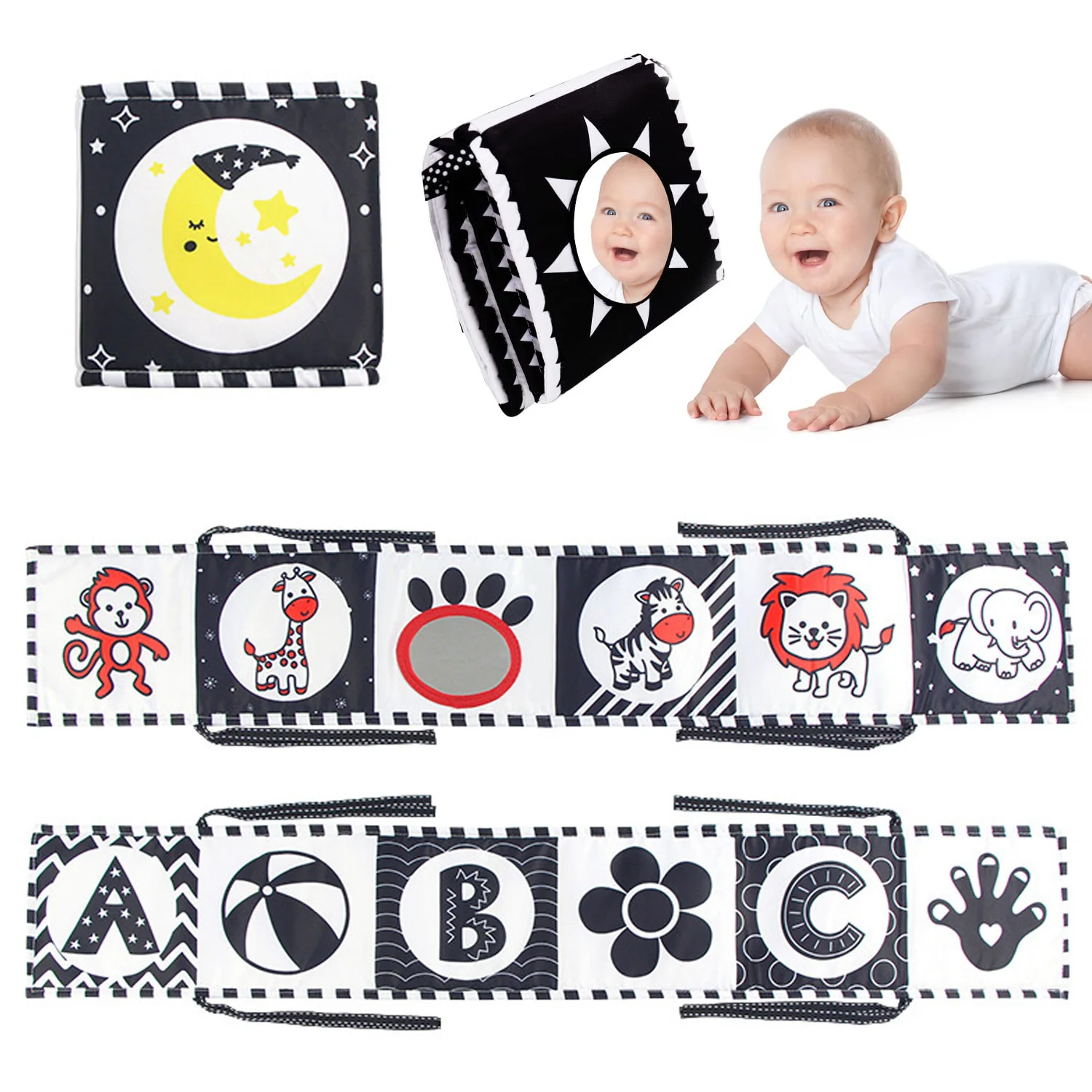 

Montessori Baby Sensory Cloth Book Newborn Crib Bumper Toys Soft Black and White Books Educational Toys for Babies 0-12 Months