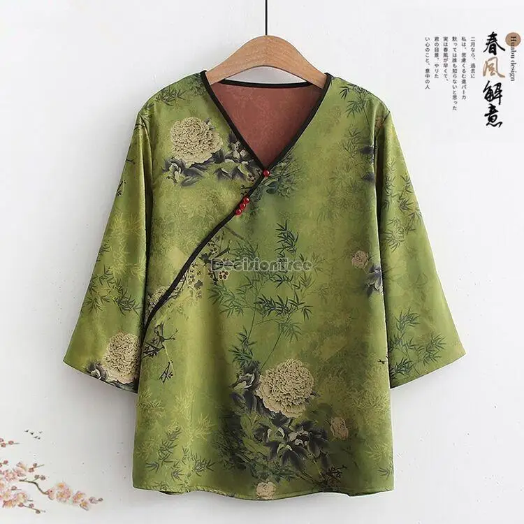 

2023 Chinese vintage top floral printing stand collar blouse retro floral daily women blouse jacquard improved tangsuits top
