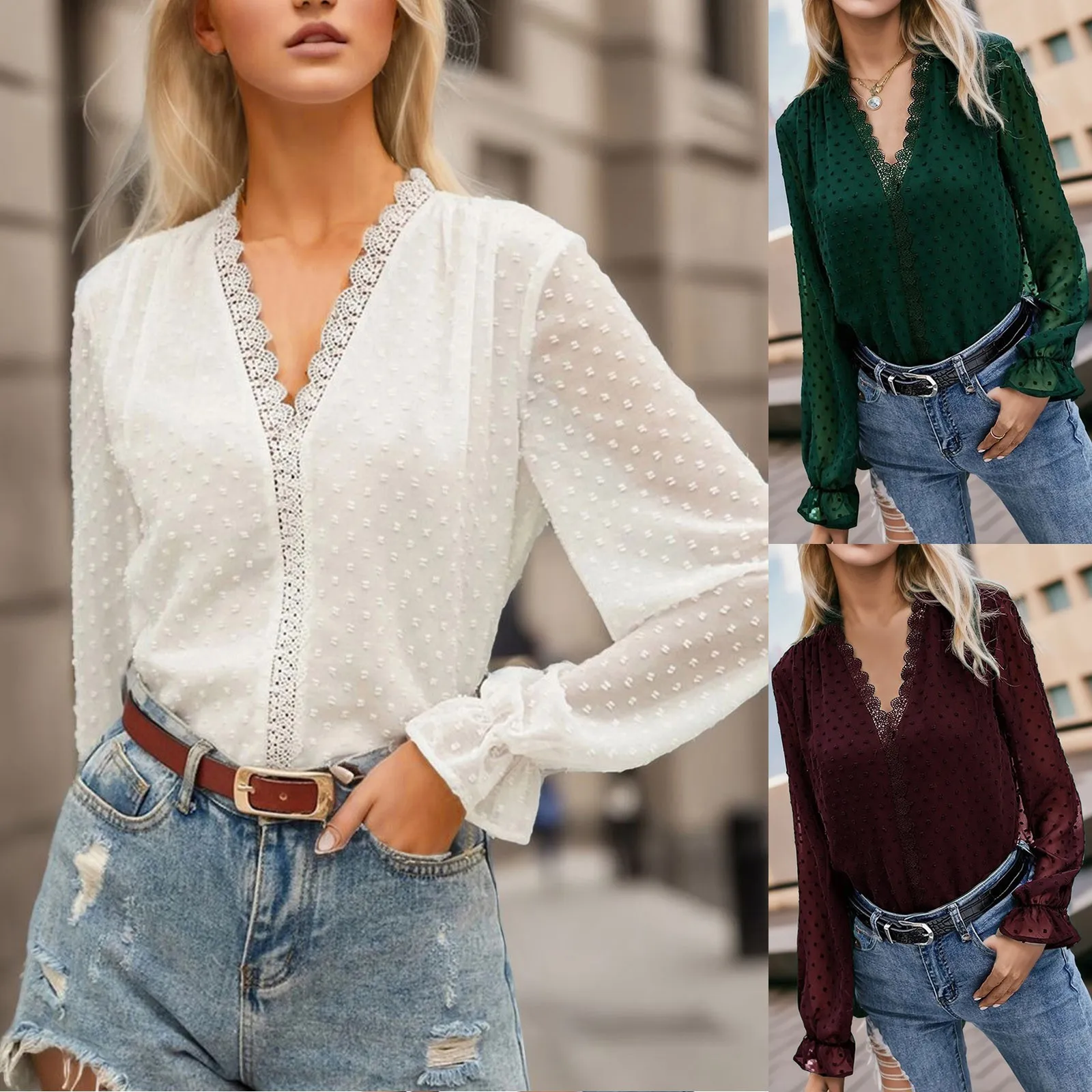 

Autumn Fashion Women Chiffon Shirts Long Sleeve Polka Dot Lace Trim Women Blouses Casual Sexy V Neck See Through Women Top Blusa