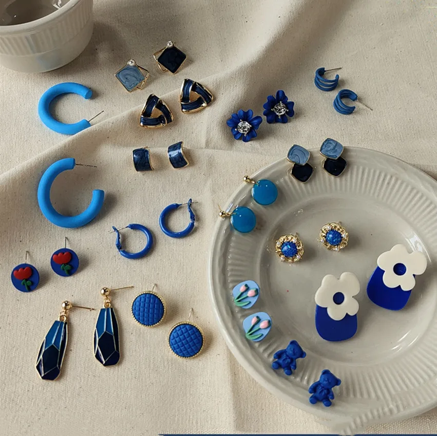 

Hot Sale Fashion Earrings Young Girls Paint Blue Geometric Flowers for Zircon Lnlaid Design Wedding Stainless Steel Jewelry Gift