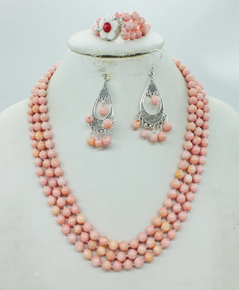 

free delivery,! Classic natural pink coral necklace. Bracelet. Stud Earrings, African Bridal Wedding Set