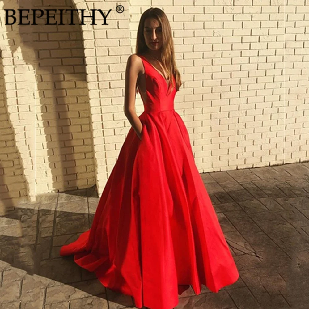 

BEPEITHY Elegant A-Line Red Prom Dresses Long 2022 Luxury V Neck Formal Party Sleeveless Backless Satin Evening Gowns For Women