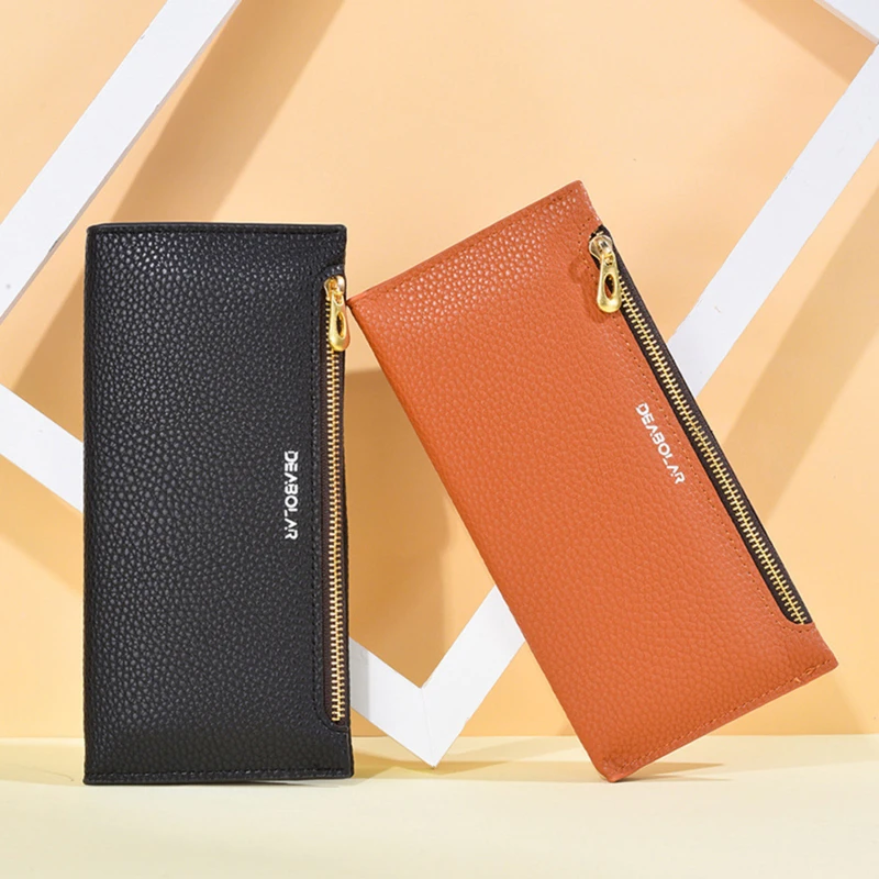 

Женский кошелек с несколькими карманами для карт, высококачественный кошелек с держателем для карт, однотонный тонкий кошелек с узором Личи и простой пряжкой