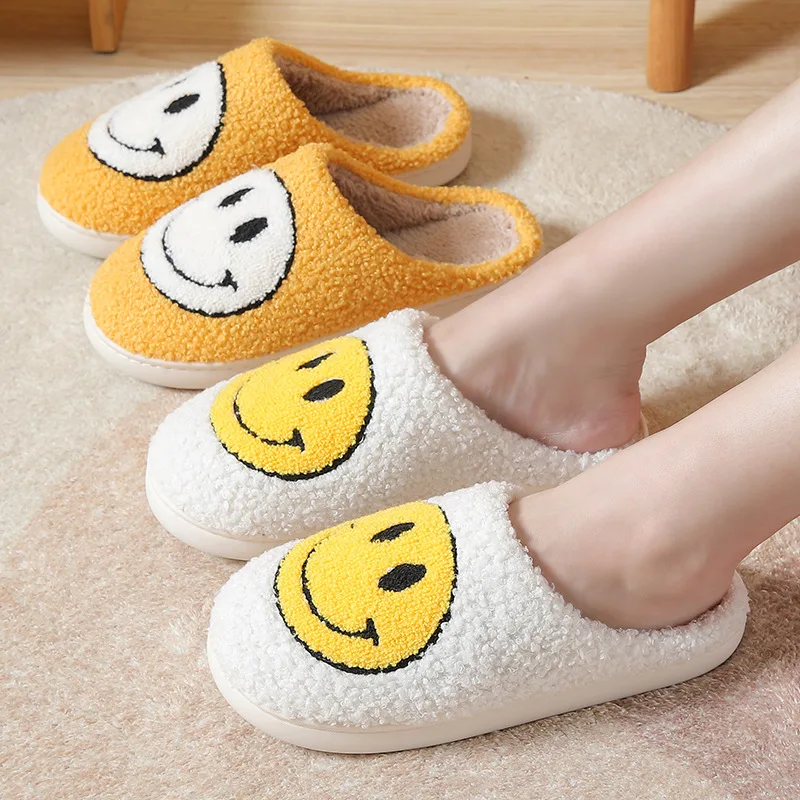 

Winter Women Smiley Face Slippers Fur Cute Cartoon Warm Short Plush Couple Shoes Sweet Thick Soled Indoor Cotton Flat Slippers