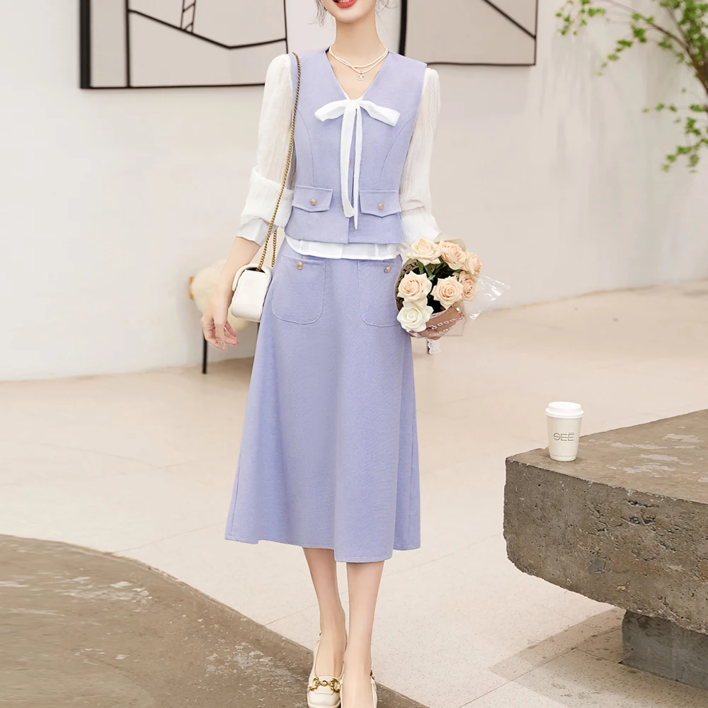 

Женский офисный костюм из трех предметов, элегантная маленькая рубашка и жилет + юбка-трапеция, повседневная одежда для работы, весна-осень