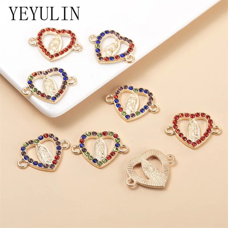 

YEYULIN 10pcs/lot Colorful Rhinestone Virgin Mary Pendants Heart Charms DIY Necklace Bracelet For Jewelry Making Accessories