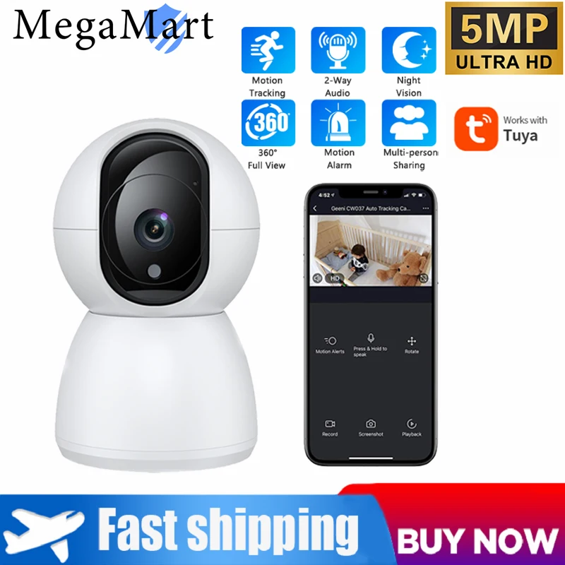 

Tuya 5MP Wireless Camera Indoor Wifi Camera Surveillance Monitor Smart Home Two Way Audio Night Vision 2MP Security Portable Cam