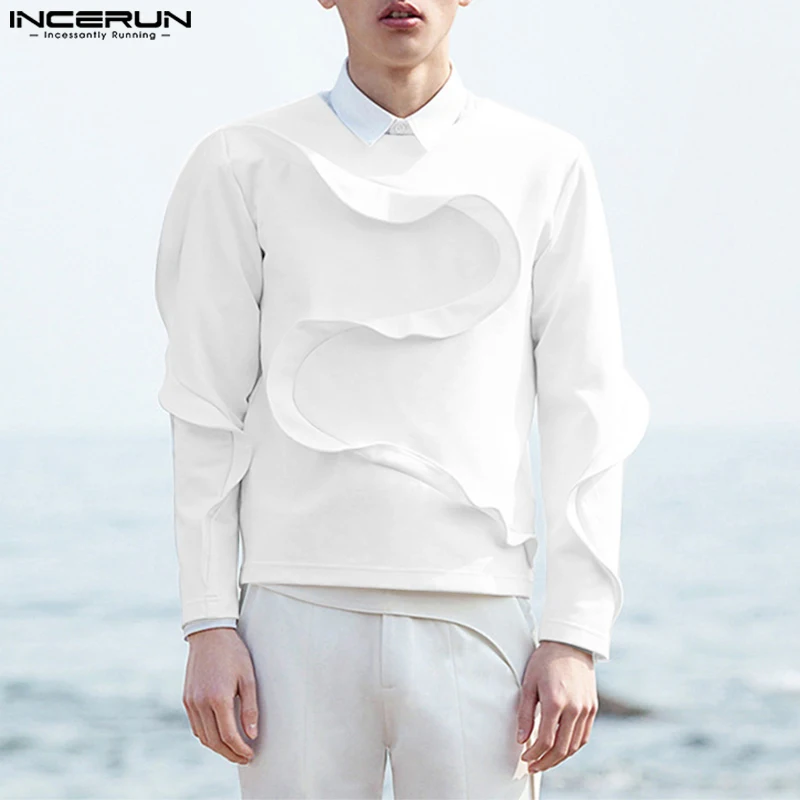 

Повседневные Простые Стильные топы INCERUN, мужские трехмерные сращивающиеся силуэты, Camiseta, пуловер с круглым вырезом, футболки с длинными рукавами