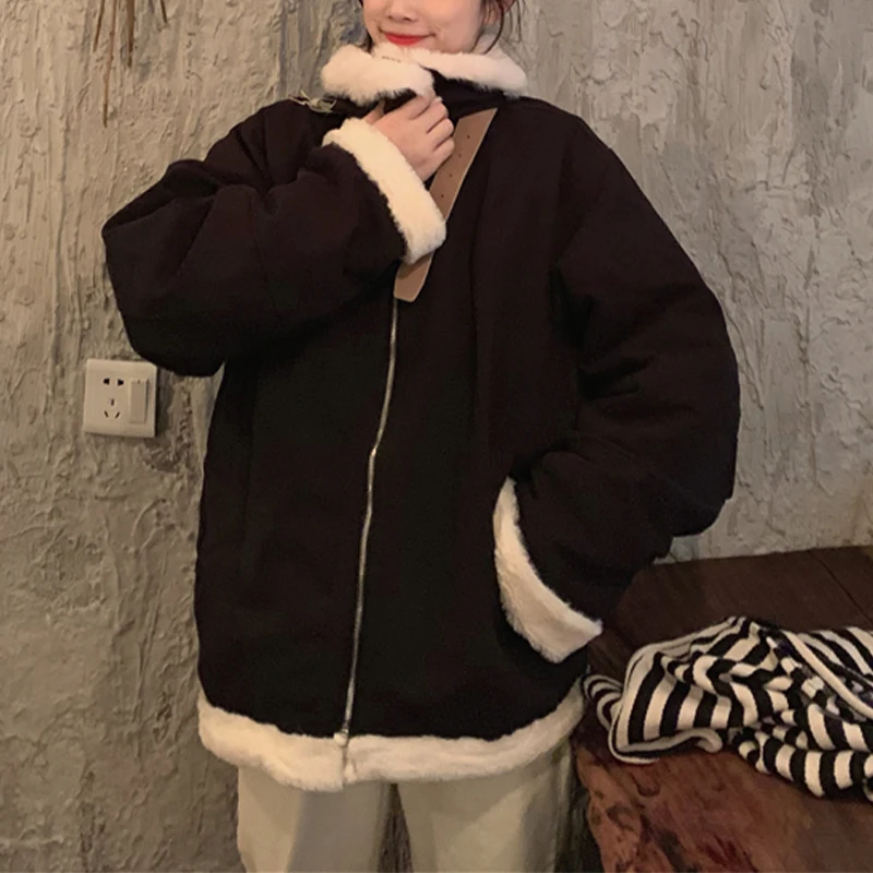 Vintage Lamb Wool Ladies Coat Loose Fashion Women's Long Sleeve Thermal Jacket Casual Winter Zipper Solid Outerwear 2022 New