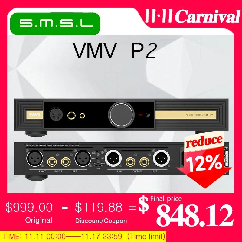 

Усилитель для наушников SMSL VMV P2, Hi-End Pre-amp 32ohmns, 6 Вт, сбалансированный и небалансированный вход для Heaphone 4,4 мм и 6,35 мм, оригинальный Hi-Fi