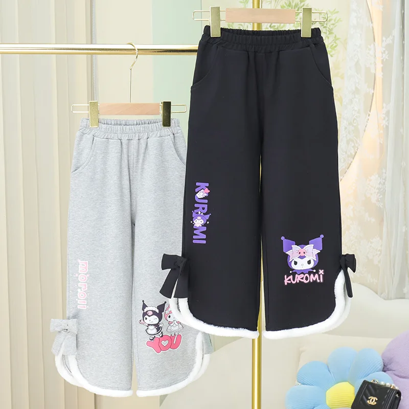 

Sanrio Kuromi Plush Trousers Kawaii Autumn Winter Cute Girl Bow Knot Pants Anime Cartoon 2023 New Plush Loose Straight Leg Pants
