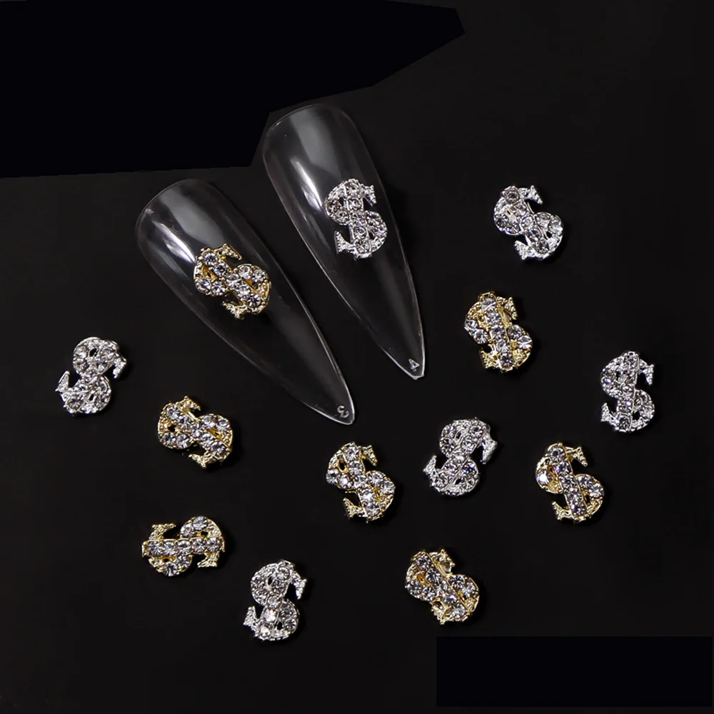 

10Pcs Metal Dollar Nail Charms Gold/Silver Luxury Coin Zircon Alloy Nail Art Decoration 3D Money Gem Jewelry Nail Supplies 6*9MM