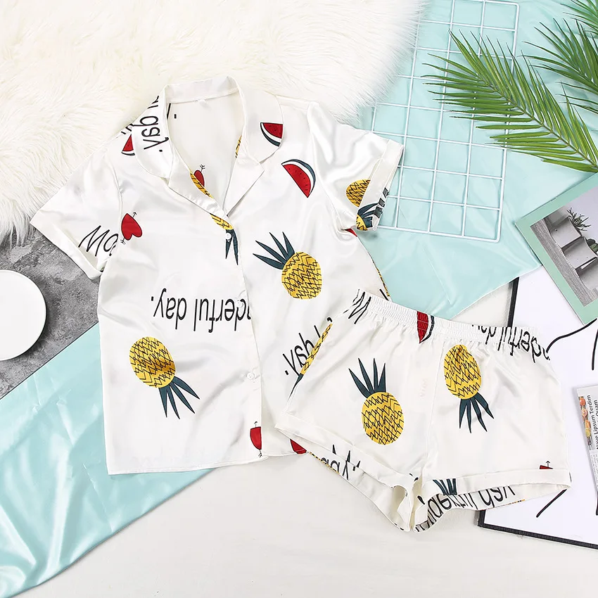 Stain Silk Pijamas Women 2 Piece Set Summer Short-sleeved Single-breasted Lapels Shirts Casual Loose Shorts Loungewear Woman Pjs