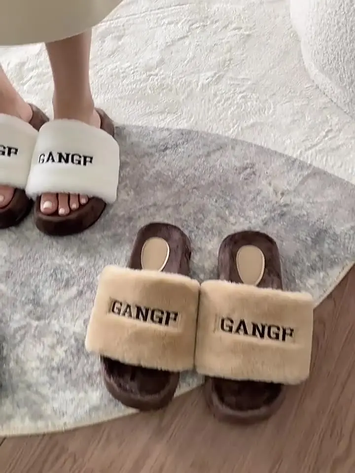 

Шлепанцы женские с низким мехом, Сланцы на платформе, роскошные мягкие, плюшевые, римская ткань, обувь на каблуке-копытце, осень 2023