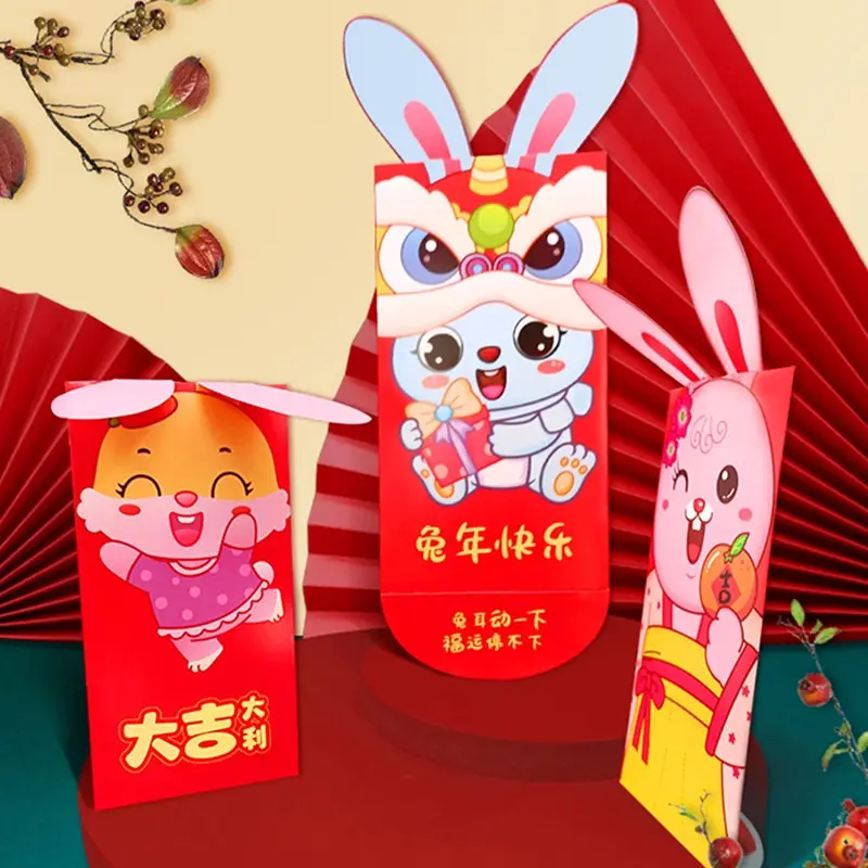 

Конверт с трехмерными ушками, сгибаемый красный конверт, китайские красные конверты, праздничные красные конверты на весну, милые конверты с кроликом