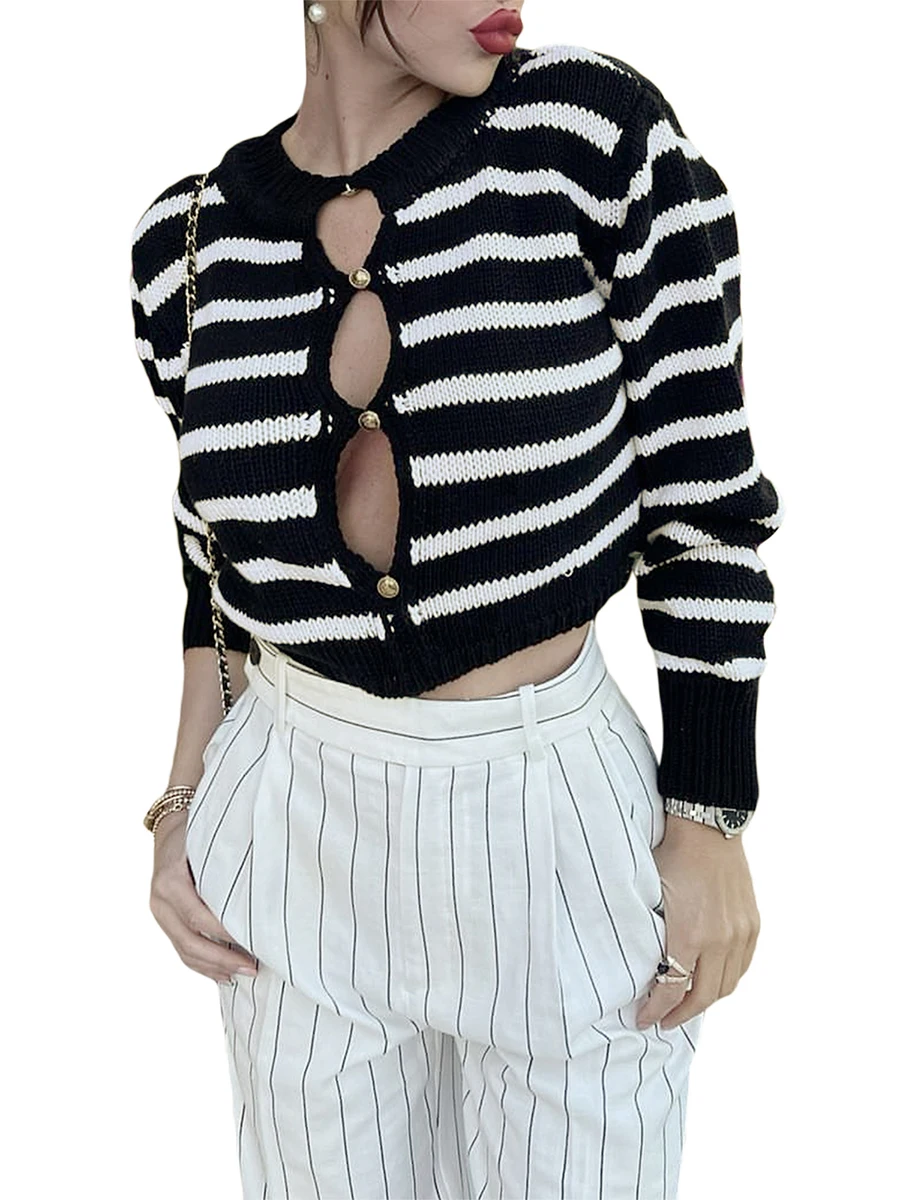 

Womens Y2K Knit Crop Top Hollow Out Long Sleeve Sweater Striped Cutout Pullover Shirts