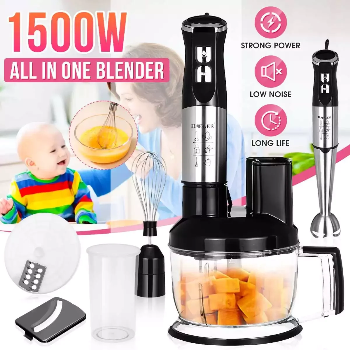 

1500W Multi Immersion Hand Stick Blender Electric Egg Whisk Mixer Vegetable Meat Grinder Food Processor 800ml Smoothie Cup
