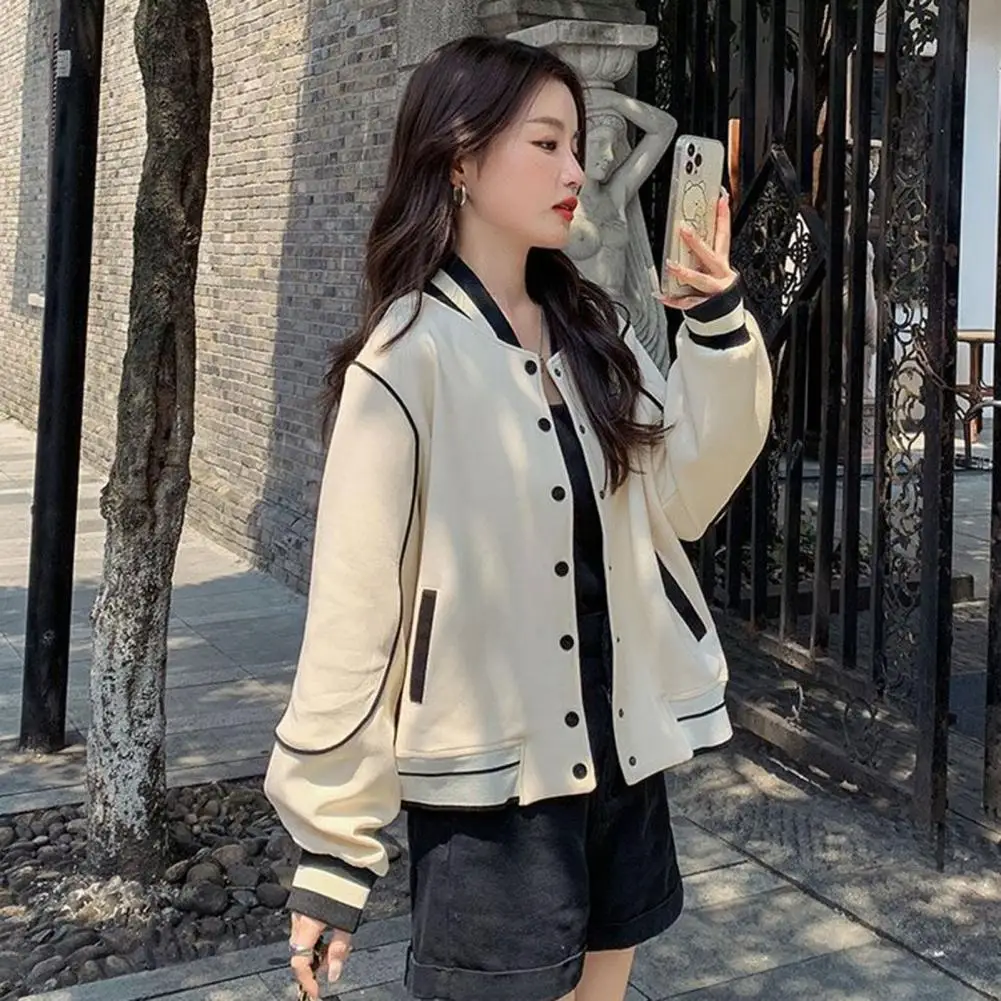 

Women Coat Color Matching Long Sleeve Stand Collar Outerwear Pockets Single-breasted Elastic Cuff Hip Hop Baseball Coat