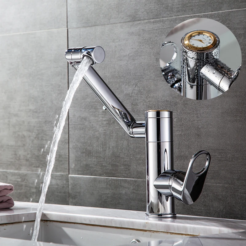 

Медный смеситель с вращением на 360 градусов и часами, кран для горячей и холодной воды для раковины, крепление на раковину, кран с одним отвер...