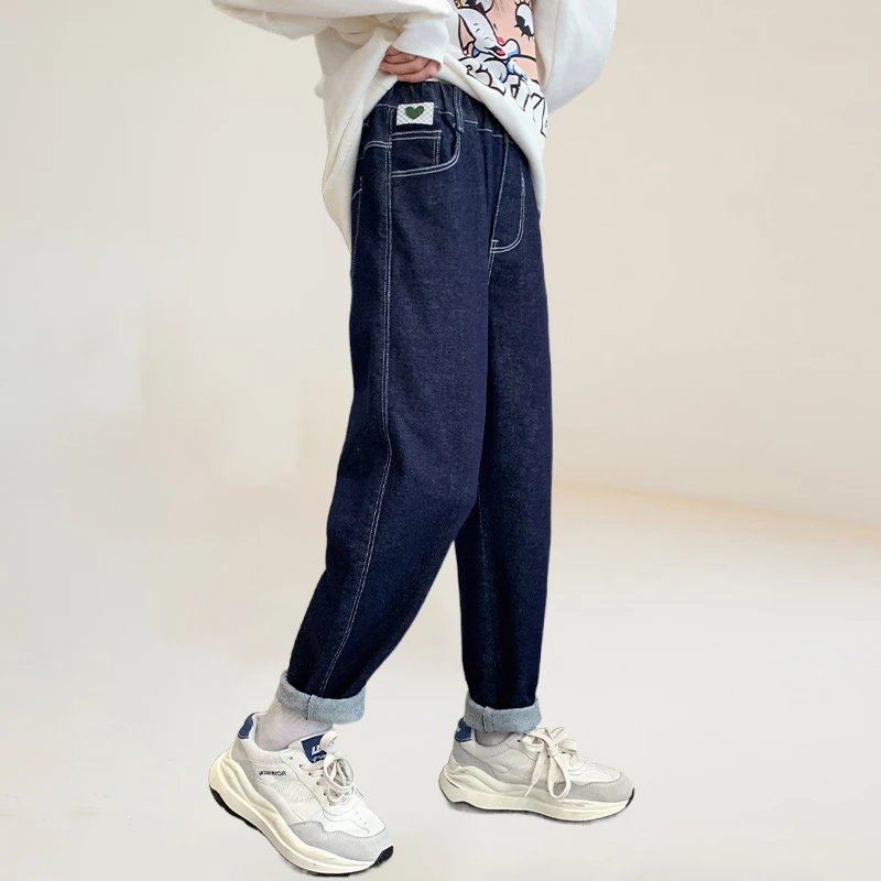 

Jeans Girls Dark-blue Straight Full-length High Waist Korean Baggy Trousers Streetwear Students Spring Autumn Teenage Clothes