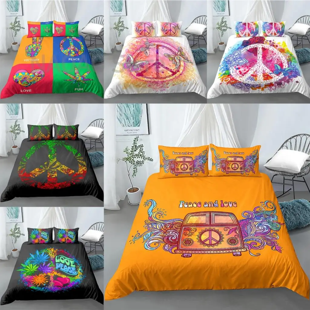 

Peace And Love Duvet Cover Colorful Peace Sign Printed Bedding Sets King Queen Size Comforter Covers With Pillow Case 2/3Pcs