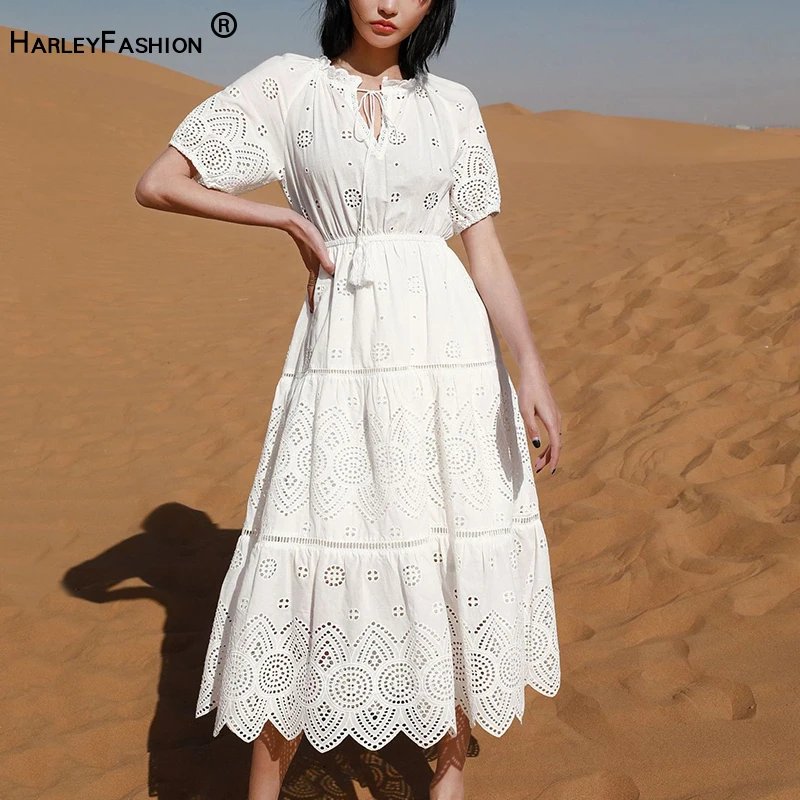 Summer Elegant Cotton Dresses for Ladies Short Sleeve Hollow Out Vacation Women White Dress with Embroidery