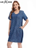 lih hua womens plus size denim dress summer casual cotton woven print polka dot short sleeve dress