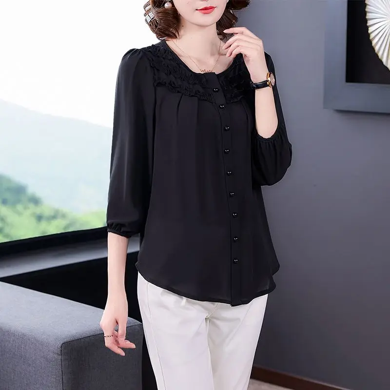 

Spring New Pleated Patchwork Shirt Tops Nine Quarter Sleeve Solid Color Loose Plus Size Blouses Casual Fashion Women Clothing