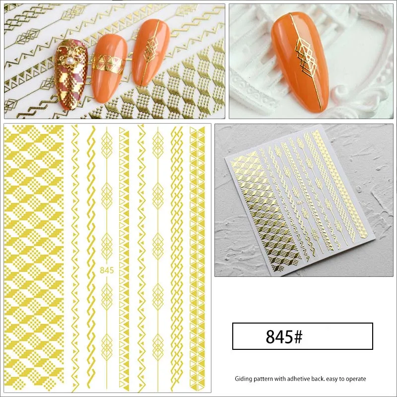 

Gold gilding sticker for nail art decoration heart star water drop moon wave lines back adhesive slider nail decals YJ015