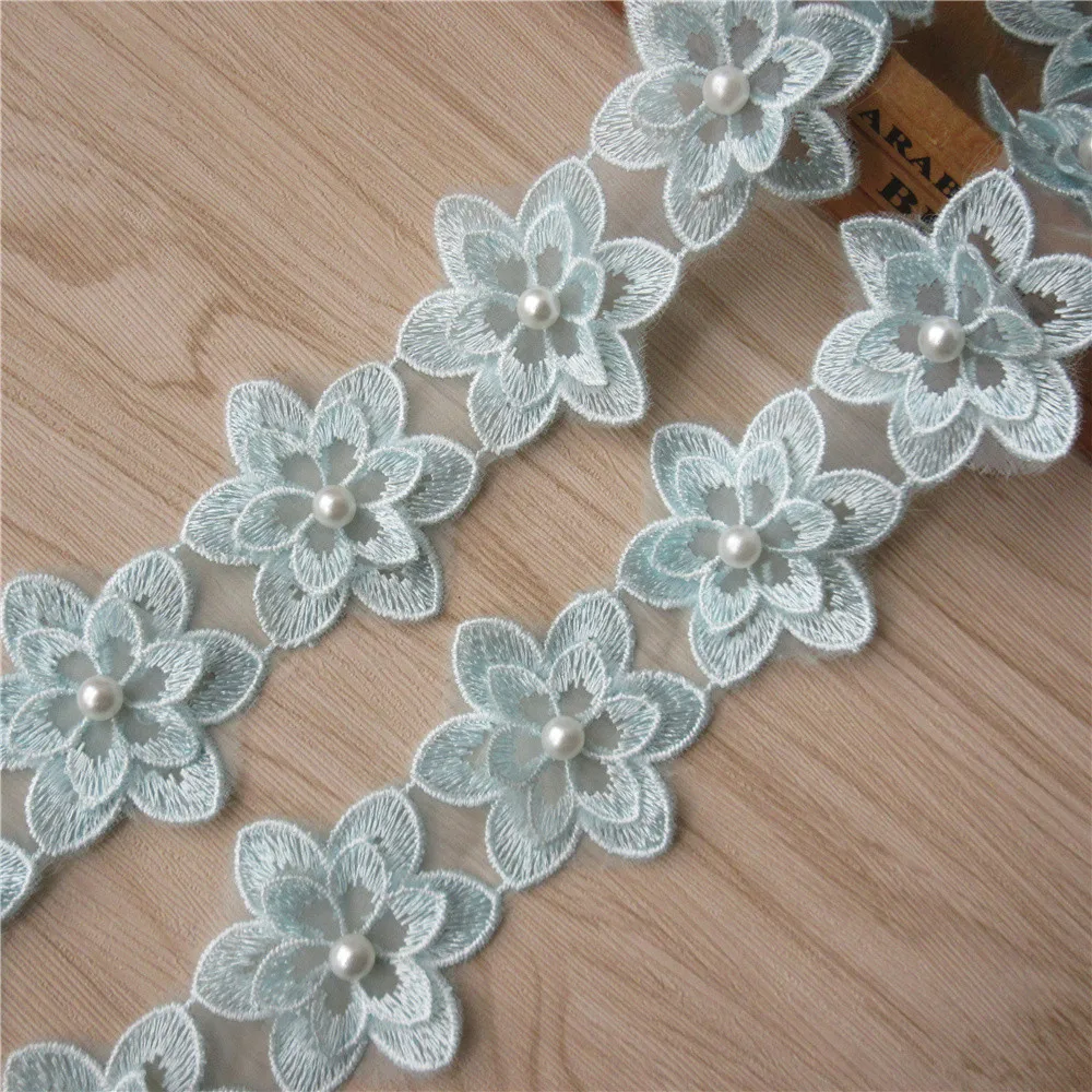 1 ярд синий цветок жемчуг вышитая бисером кружевная отделка женская одежда
