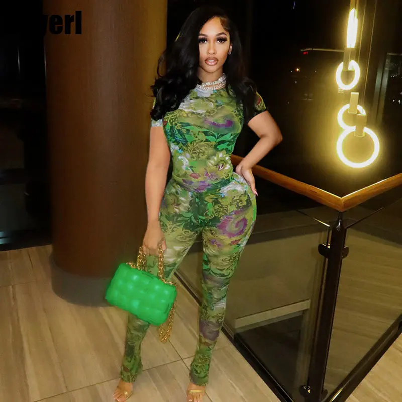 

Floral Printing Sheer Mesh Two Piece Set Women Summer Short Sleeve T-shirts Top High Waist Flare Pants Leggings Matching Sets