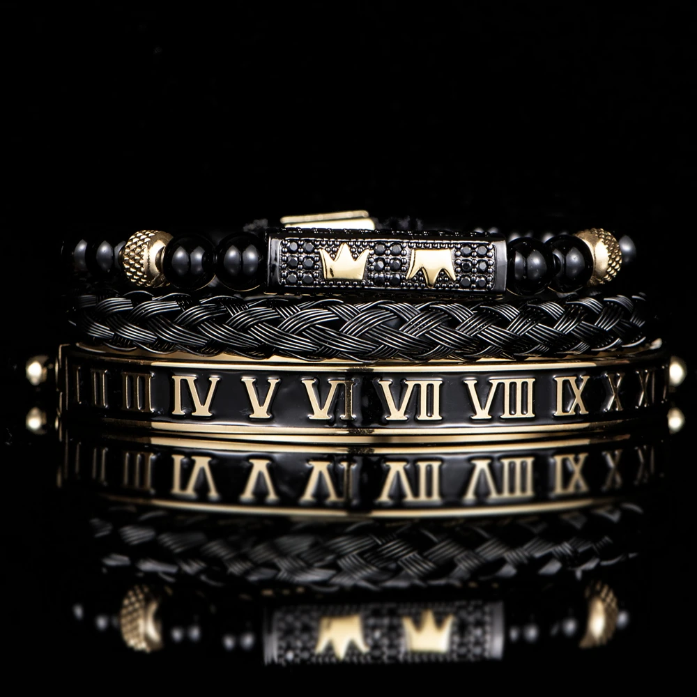 

Luxury Set Bracelets Men Double Crown Handmade Enamel Roman Numeral Bangles Rope Buckle Stone Beads Micro Pave CZ Jewelry