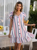 spring summer new print flounces short sleeve stripe splicing casual dress female holiday loose beach wear