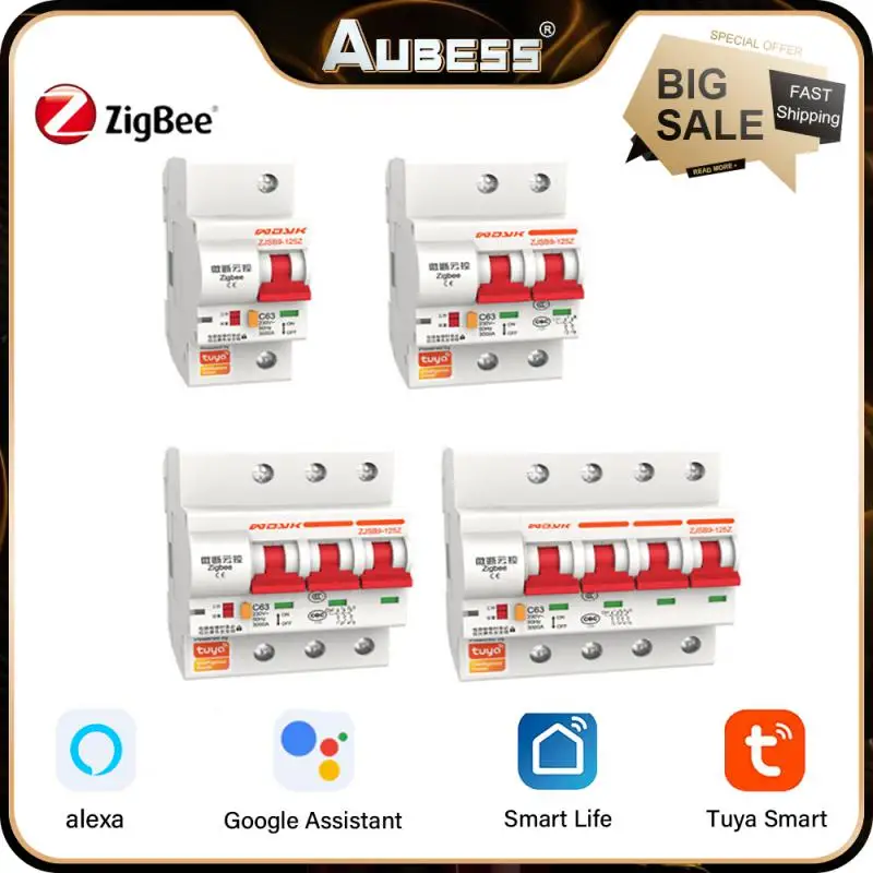 Умный выключатель Aubess Zigbee 3,0 220 В, ZJSB9 1P-4P 10-125A умный дом голосовой пульт дистанционного управления, поддержка приложения Alexa Tuya