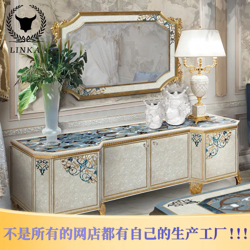 

European luxury marble TV cabinet French large living room TV cabinet solid wood carved flower furniture customization