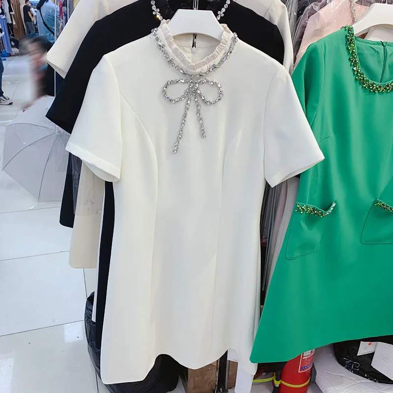 

Korean Style Diamond Beaded Bowkont Fungus Edge Stand Collar Short Sleeve Waist Slim Dress Black White New 2022 Summer
